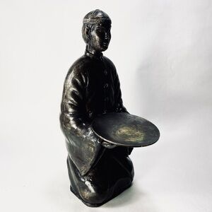 Vintage Bronze Iron Asian Sculpture Person Kneeling Holding Tray